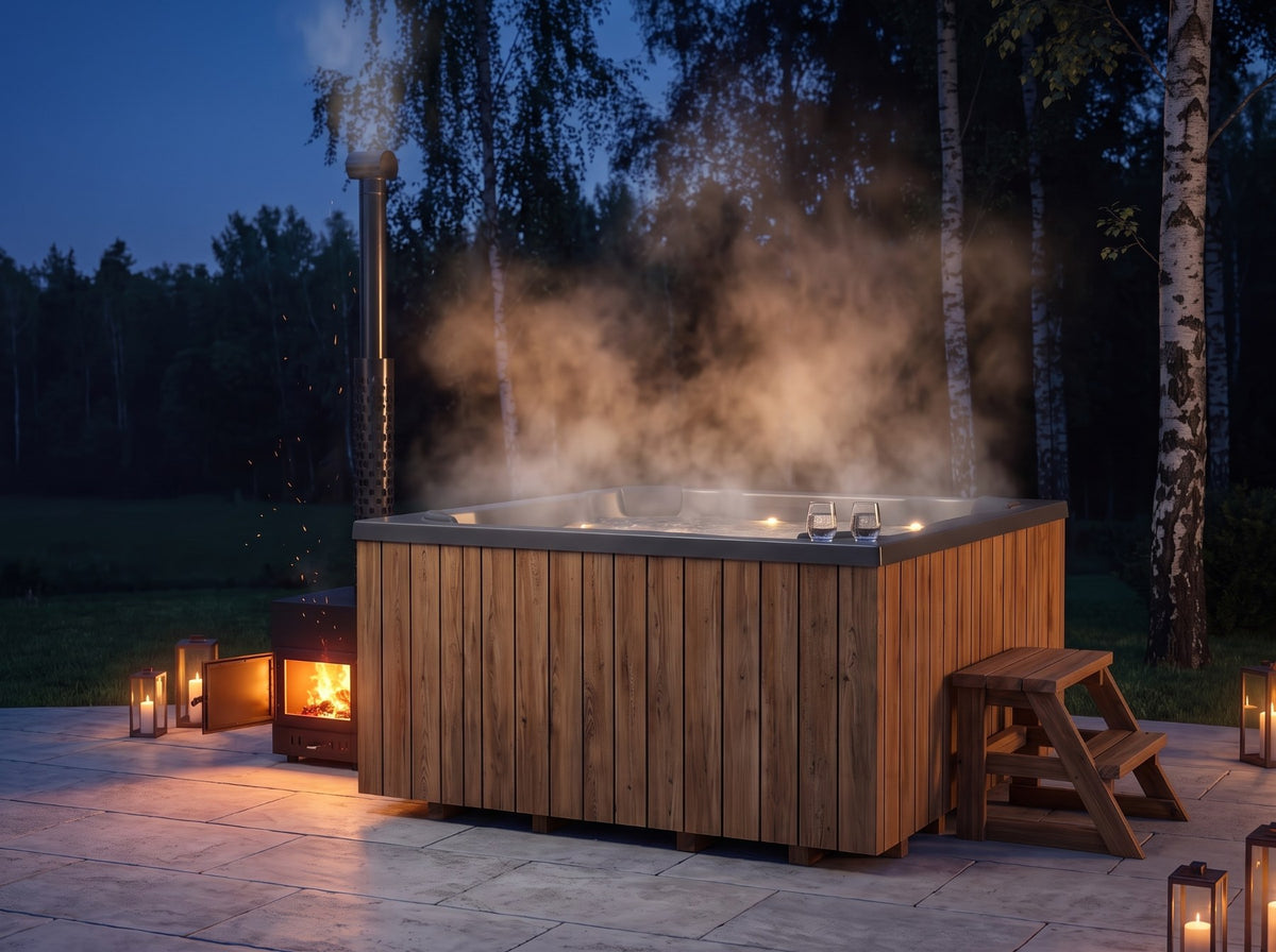 Hot Tub aus Holz mit brennendem Holzofen und Dampf am Abend