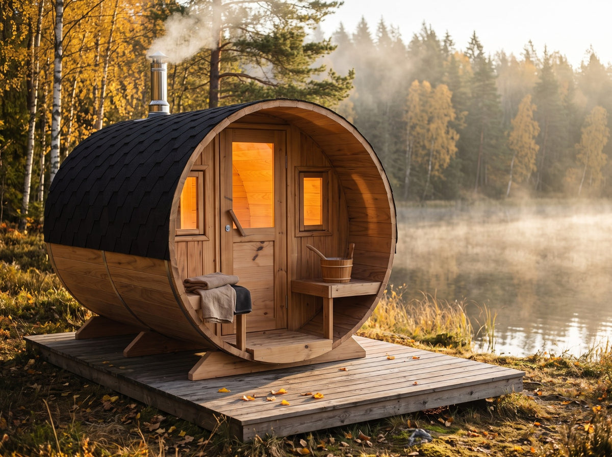 Fasssauna mit Veranda auf einem Holzdeck am See im Herbst