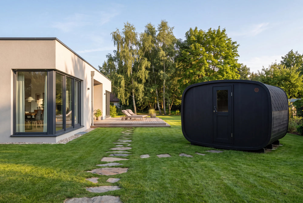 Sauna Vision neben einem Wohnhaus im Sommergarten