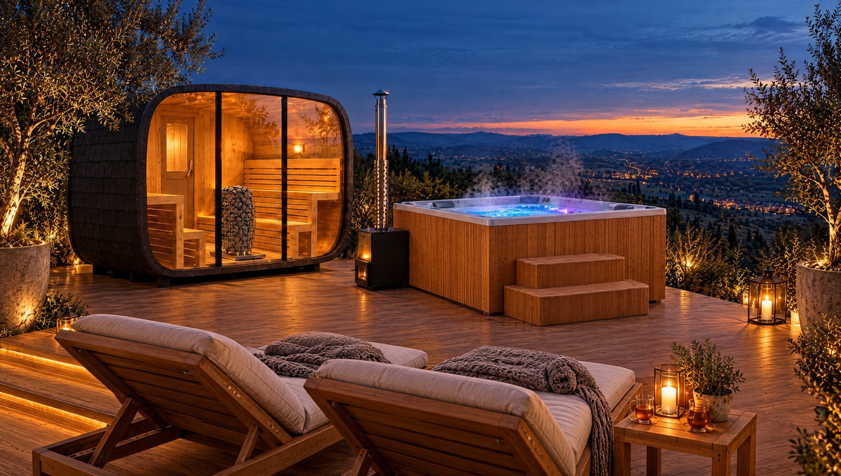 Wellness-Oase im Garten: Panorama Fasssauna Aava und Hot Tub mit Holz-Außenofen auf einer beleuchteten Holzterrasse in der Abenddämmerung