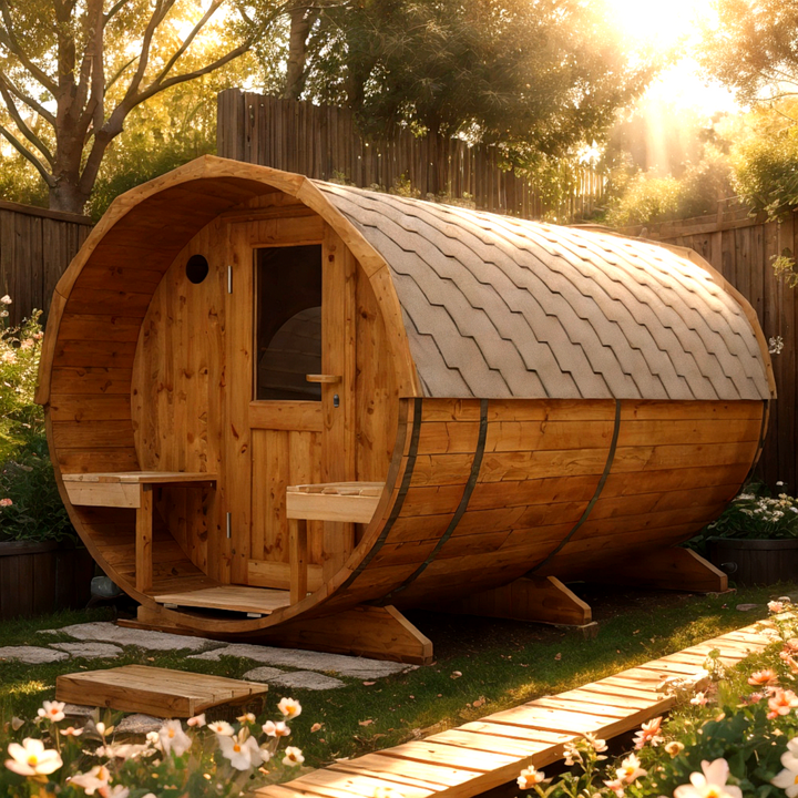 Fasssauna mit Veranda auf einer Holzterrasse