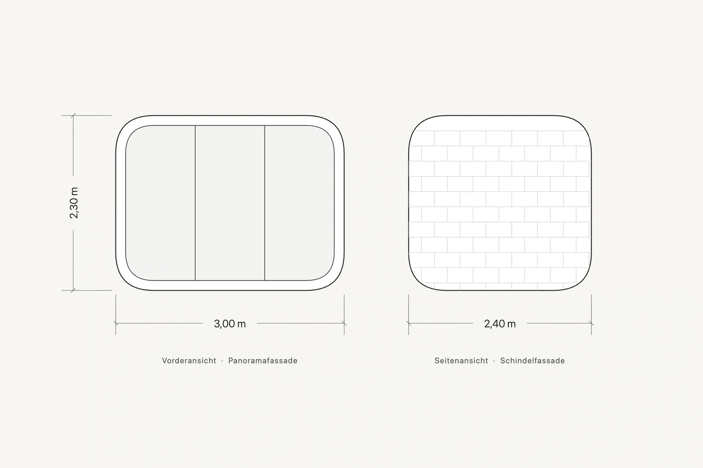 Maßzeichnung der Sauna Aava: Vorderansicht 3,00 × 2,30 m, Seitenansicht 2,40 × 2,30 m