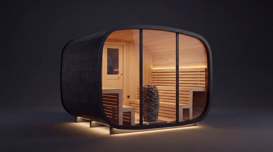 Sauna Aava mit LED-Beleuchtung aussen unter dem Sockel