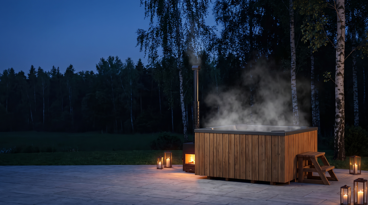 Holzbefeuerter Hot Tub mit aufsteigendem Dampf in einem skandinavischen Garten zur blauen Stunde