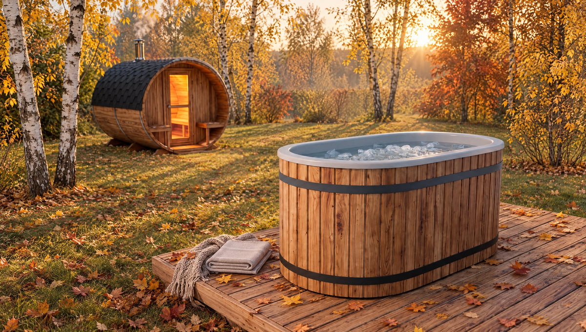 Ovales Eisbad aus Holz auf einer Holzterrasse im Herbstgarten, dahinter eine Fasssauna