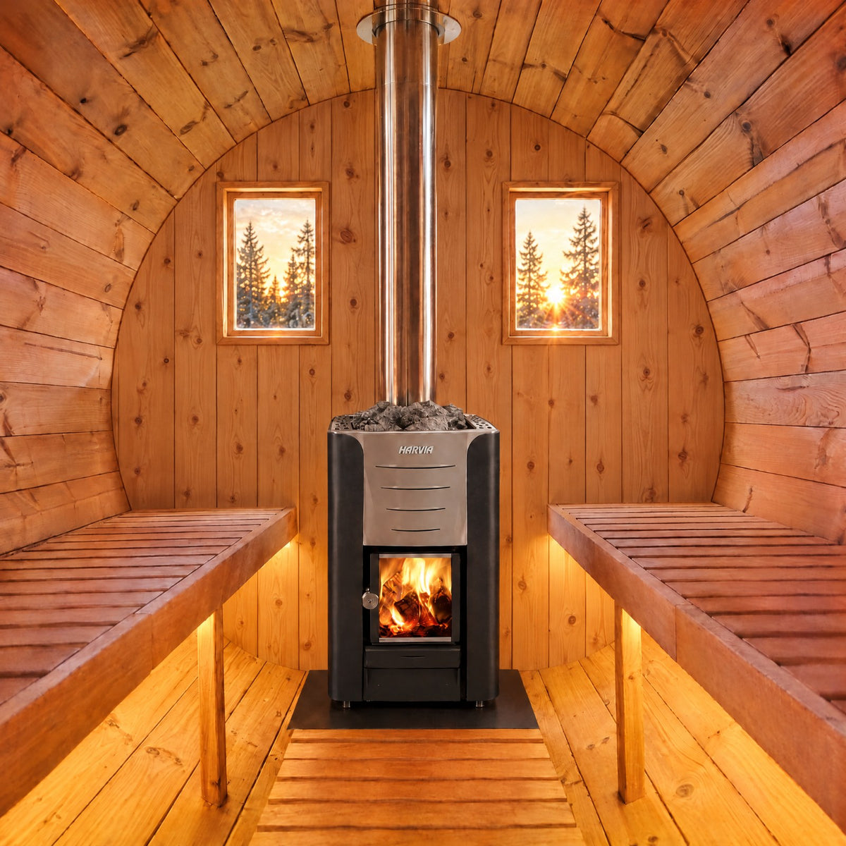 Fasssauna innen mit Holzofen auf Hitzeschutzplatte, Rückwand mit zwei Fenstern und LED unter den Bänken