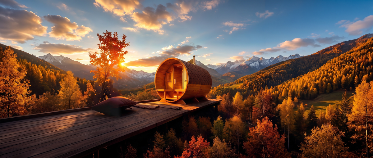 Gartensauna mit Holzofen im abendlichen Garten