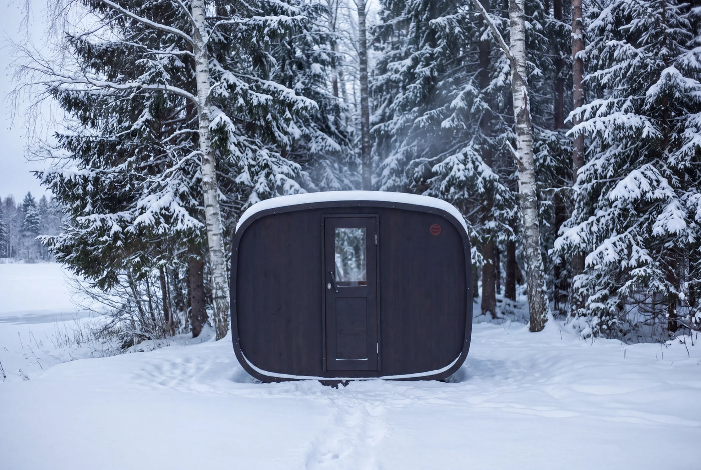 Sauna Vision im verschneiten Wald, kubische Bauform mit Schindelverkleidung